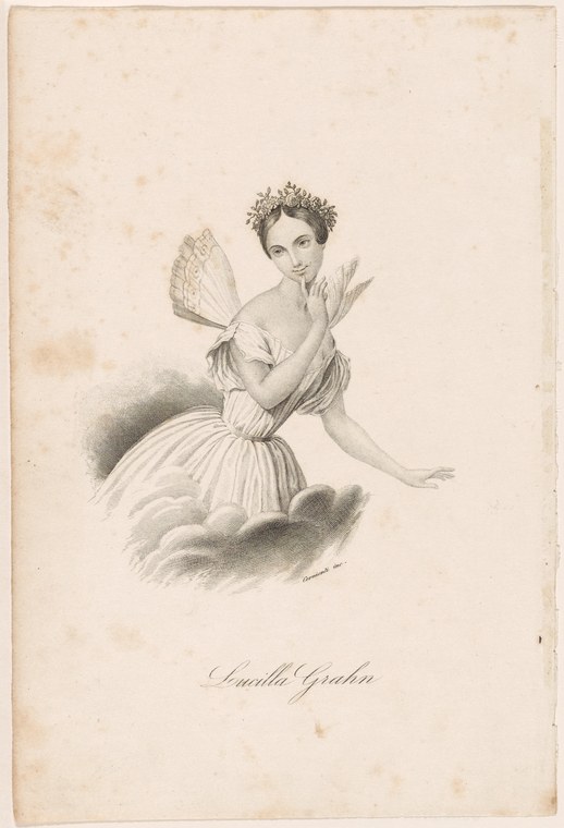 A woman in a white draped dress hovers in mid-air, one leg bent, arms curved, crowned with flowers, a large fan floating behind her.