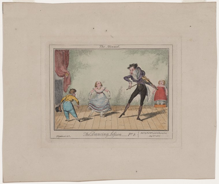 A dancing master instructs three young pupils in the minuet, demonstrating correct posture and arm position in an 18th-century interior.