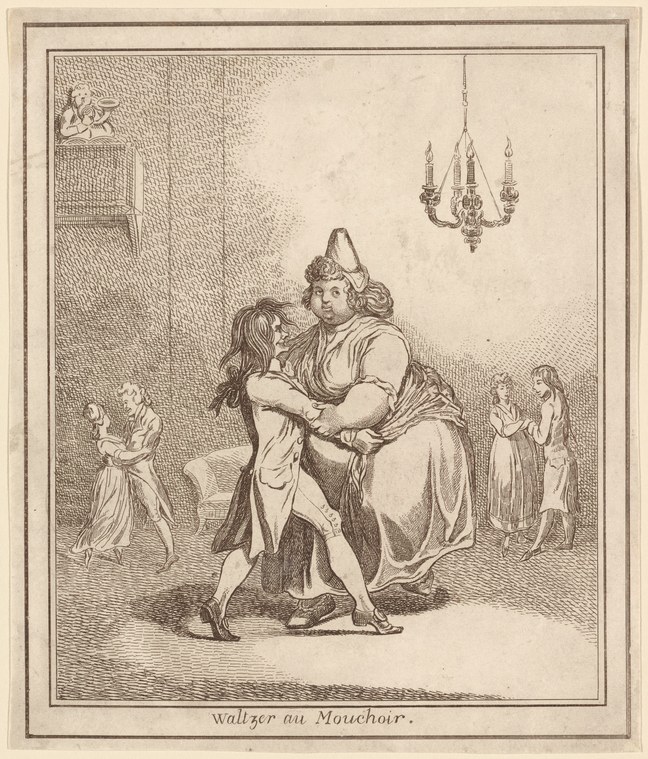 An engraving of a woman in a feathered headdress and flowing dress waltzing with a male partner while waving a handkerchief, observed by spectators in a