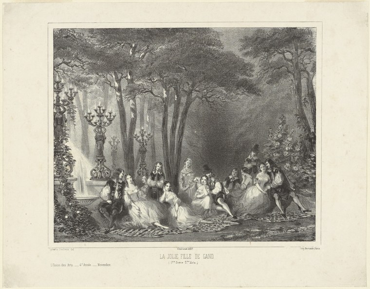 Engraved theatrical scene: women in white gowns dance in a moonlit forest, attended by men in dark coats; tall trees and ornamental candelabra frame the