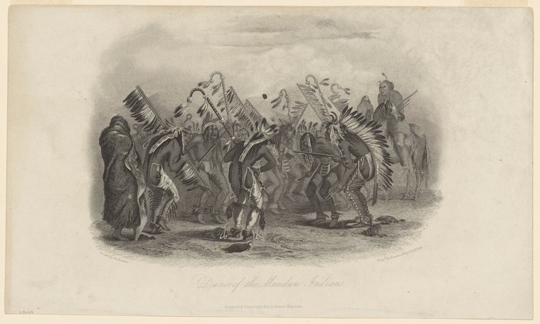 A steel engraving of Mandan dancers in close proximity, wearing feathered headdresses, their bodies leaning and turning together in collective motion.