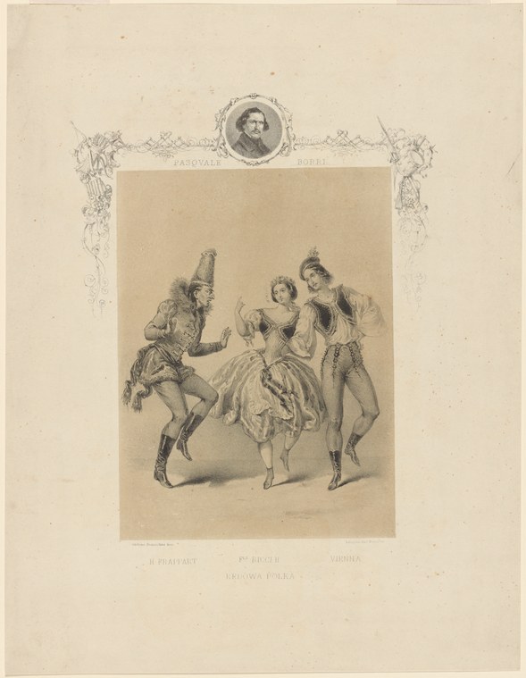 A woman in a white ball gown loses her balance while two male figures in formal dress contort around her in an exaggerated dance scene.
