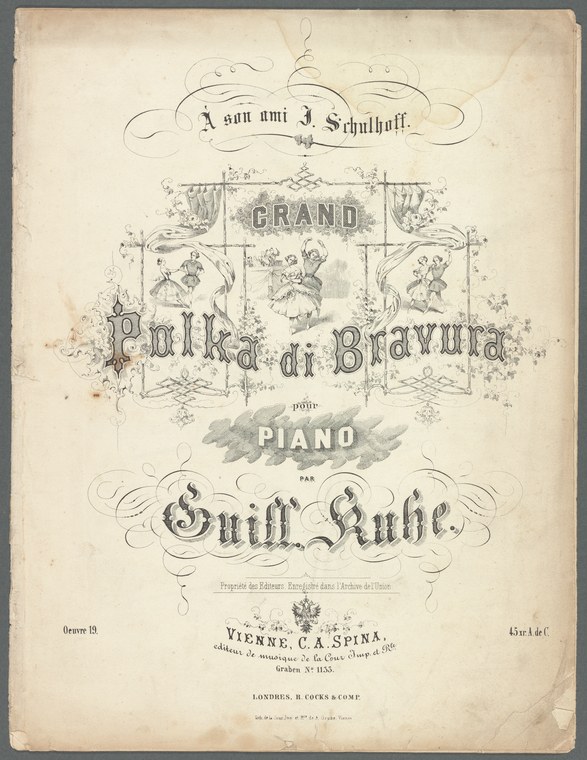 Ornamental engraved title page of a polka score for piano, with small figures of dancing couples in the decorative border, Vienna, mid-19th century.