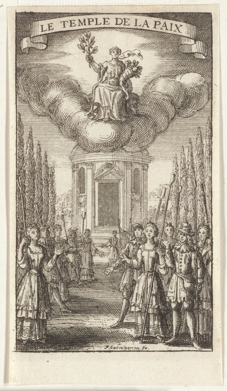 Engraving of a formal procession in period dress approaching a classical temple beneath an allegorical figure of Peace holding an olive branch among clouds.