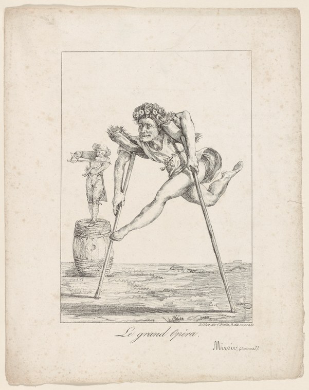 Engraving of a woman in classical dress hyperextended on one leg atop a barrel, with a small male figure below gesturing upward.
