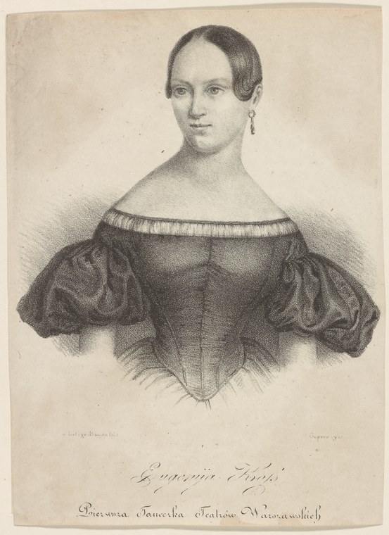 Engraved portrait of a woman with dark hair parted in the centre, wearing an off-shoulder Romantic-era dress with puffed sleeves.