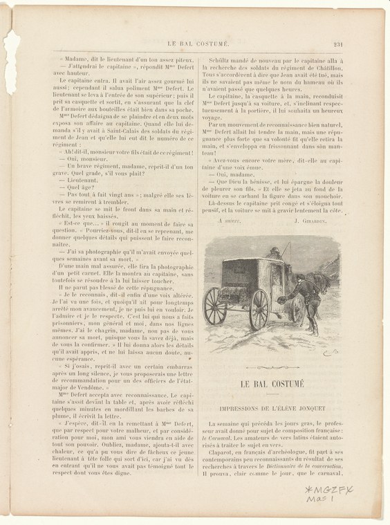 Man and woman in formal dress seated in an open carriage drawn by a single horse on an urban street.