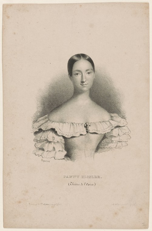 Engraving of a young woman in a white off-shoulder Romantic-era ballgown, identified as Fanny Elssler.