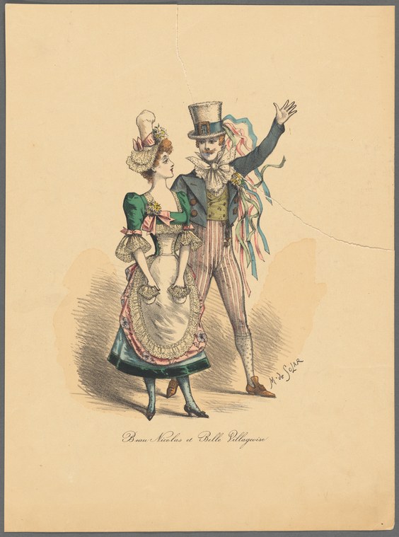 A Regency-era couple in ballroom dress: a woman in a green Empire gown and the man in coat and top hat, his arm raised in a theatrical flourish.