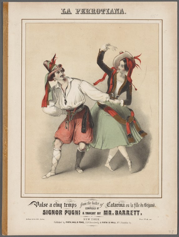 Two dancers in mid-leap: a man in red tunic arching backward, a woman in green skirt reaching upward, both in pale tights and period costume.