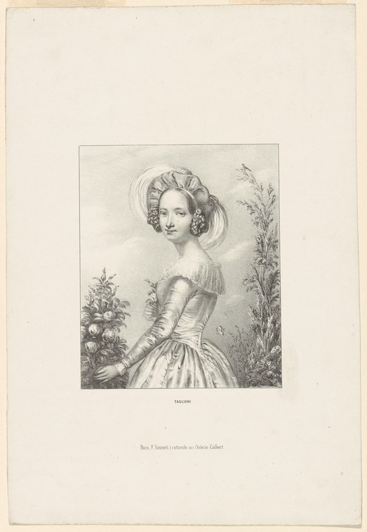 Engraved portrait of a woman in white Romantic-era dress holding flowers, standing in a garden.