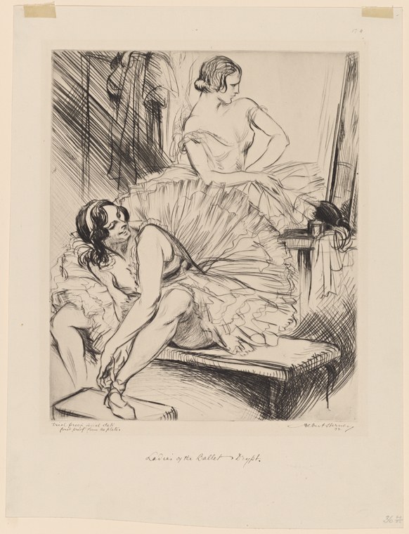Two female ballet dancers in a sparsely furnished dressing room: one crouches on the floor, the other sits upright on a bench, both in light drapery.