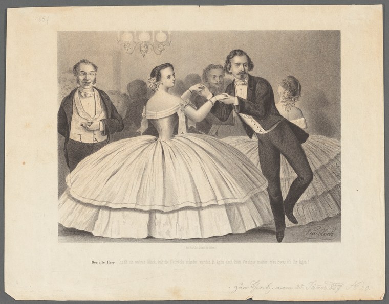 Engraving: woman in enormous crinoline skirt surrounded by five men in formal coats, in a ballroom setting.