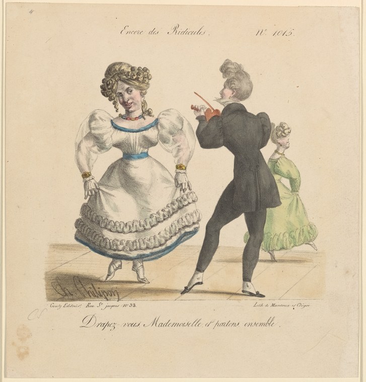 A man in black coat gestures theatrically toward a woman in a white Empire gown and blue ribbons, while a girl in green watches.