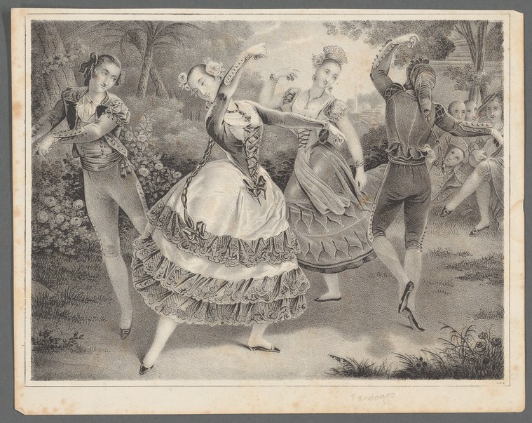 Four elegantly dressed figures perform a formal dance in a tree-shaded landscape; a woman in white gestures with raised arm while a man faces her attentively