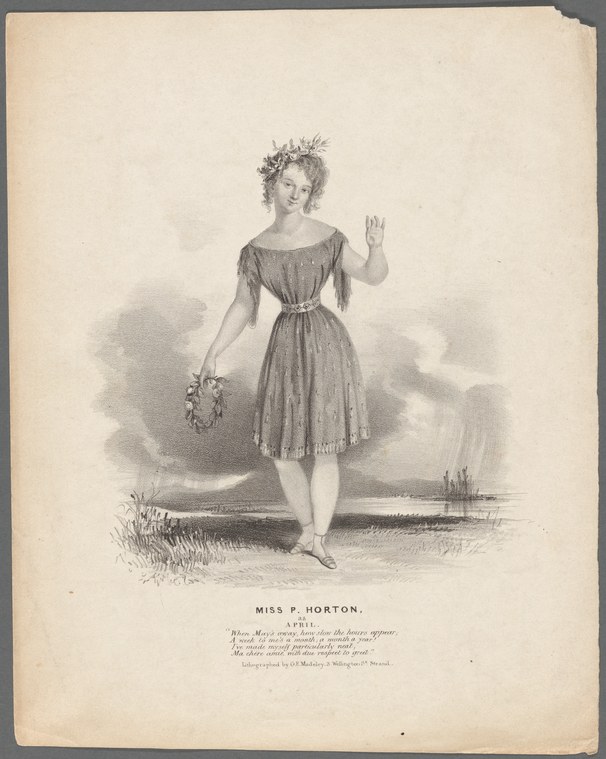 Woman in classical dress with floral crown, standing in graceful pose with raised arm against a romantic landscape