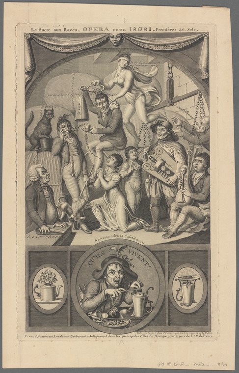 Engraving showing a theatrical scene with dancers, musicians, and figures in 18th-century dress gathered beneath a winged allegorical figure, with three