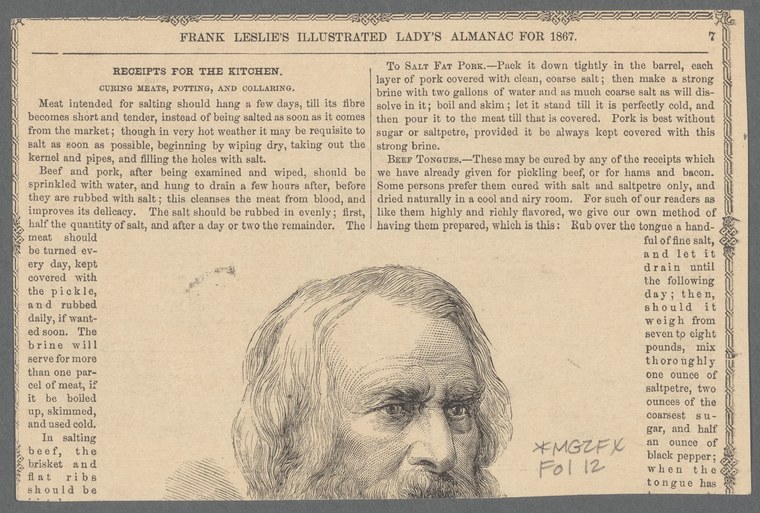 Wood engraving of a bearded man in profile, accompanying text on kitchen receipts for curing meats, from an 1867 almanac.