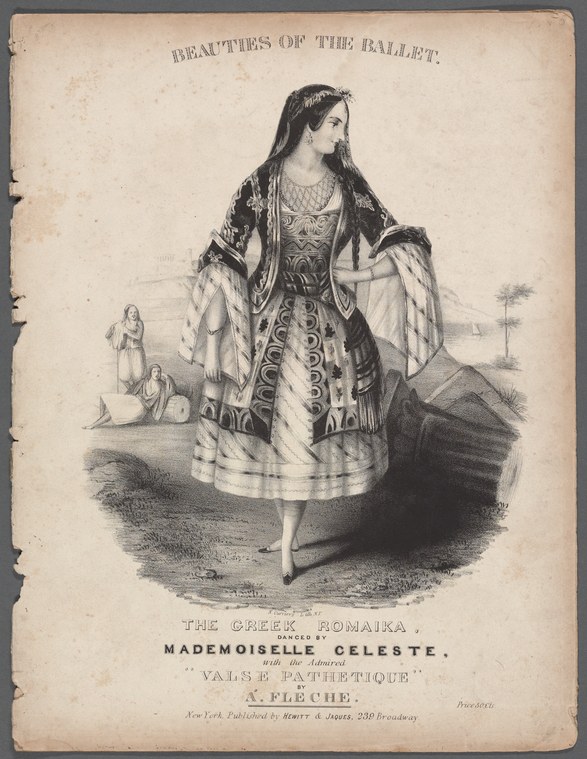 A woman in an ornate embroidered bodice and white striped skirt stands still, gazing to the side, in a theatrical engraving.