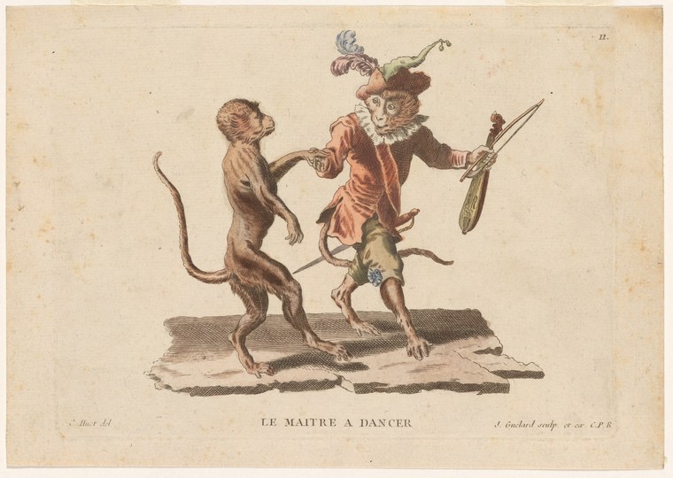 An 18th-century engraving showing a costumed figure in feathered cap and red jerkin dancing with a monkey standing upright on hind legs.