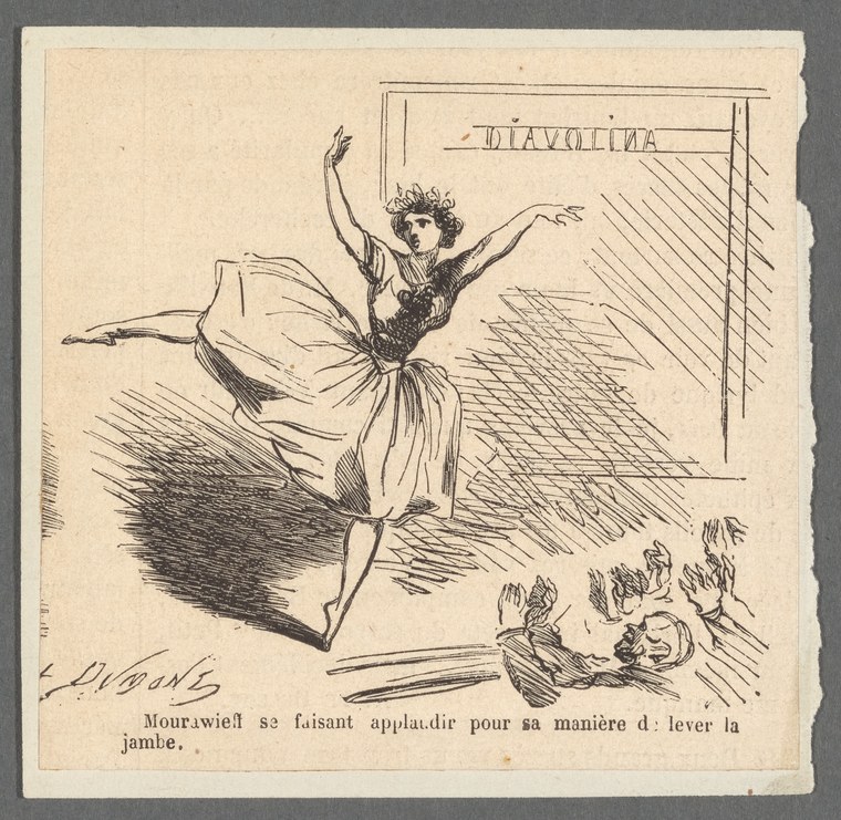 A female dancer in mid-leap with one leg extended vertically high, arms outstretched, while male spectators applaud from below.