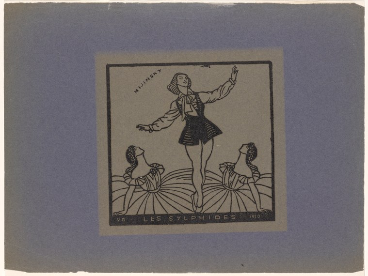 Central female dancer in lifted pose, arms raised and extended, flanked by two reclining mythical figures on an ornately rendered ground.