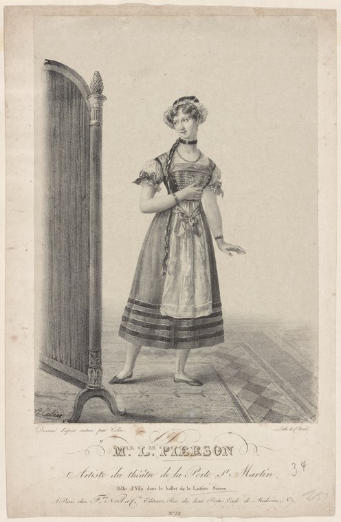 A young woman in 1830s dress stands alone on a theater stage beside a draped curtain, her pose calm and frontal.