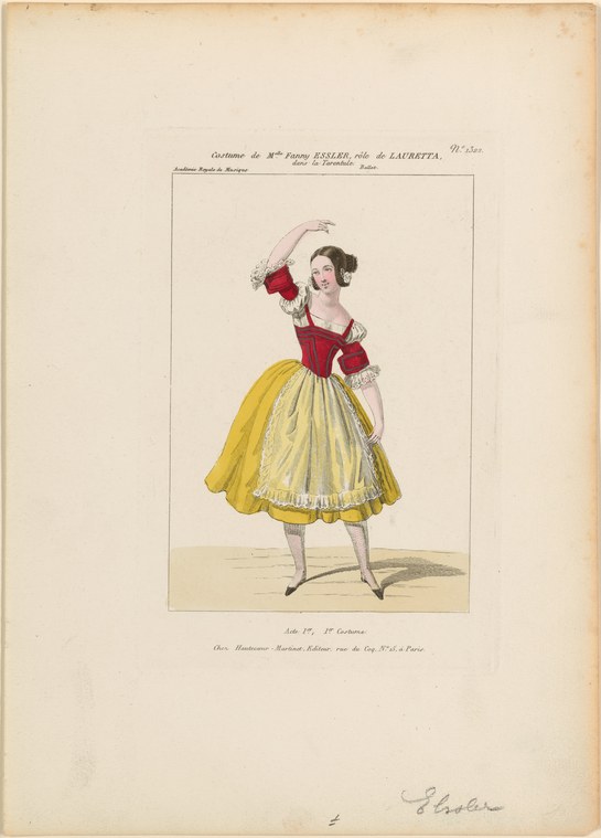 A young woman in a red bodice and full yellow skirt holds a red fan aloft, smiling with head tilted back in a graceful theatrical pose.