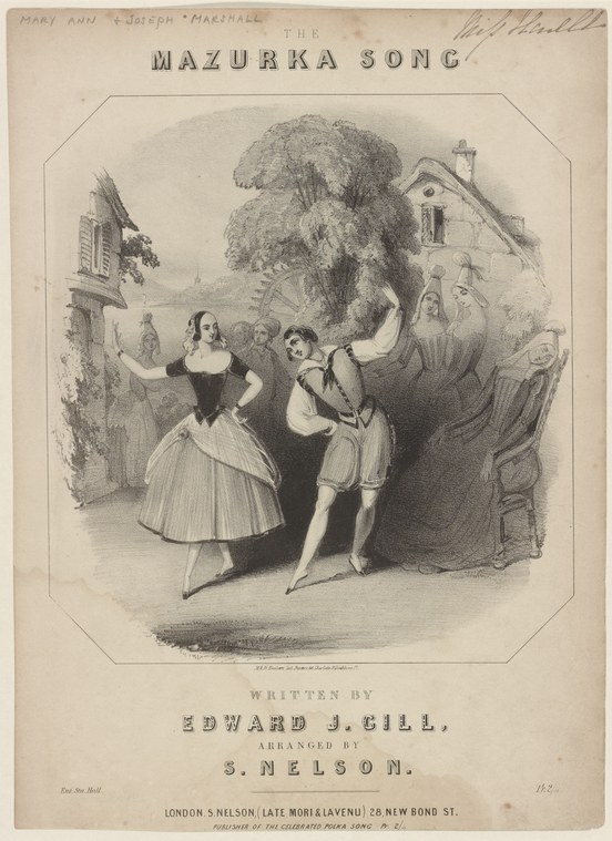 Lithograph of a man and woman dancing the mazurka in a ballroom, the woman in white tulle skirts, the man leaning forward with energy as other couples dance in