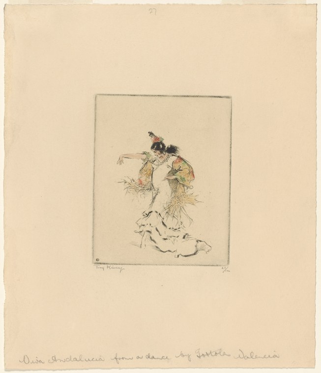 Watercolor sketch of a female dancer in classical ballet arabesque, wearing an embroidered pale dress and headdress, in a spare, refined style.