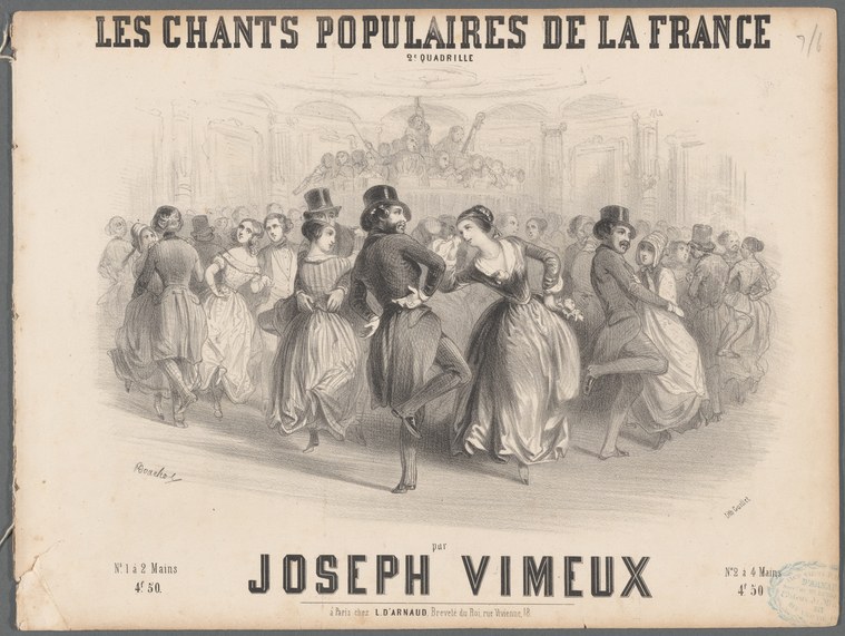 Lithograph of a crowded ballroom with four couples in formal dress performing a quadrille in the center, surrounded by onlookers in a neoclassical interior.