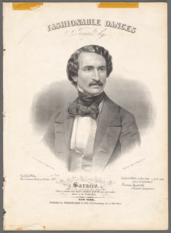 Lithographic portrait of a dark-haired man in formal evening dress with bow tie, identified as dance master Pietro Saracco.