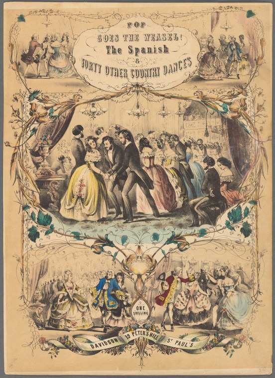 Chromolithographed title page showing couples and groups in 19th-century ballroom dress dancing indoors, framed by ornamental borders with smaller dance scenes.