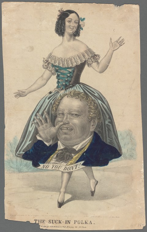 Satirical lithograph of a woman in a blue ball gown balanced on a portly man's shoulders and head, his grotesque face grinning below.