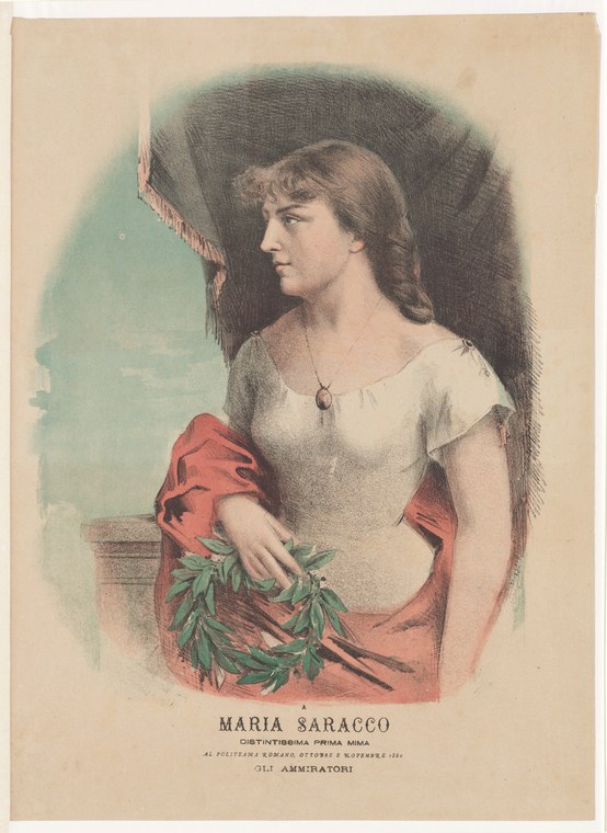 Profile portrait of a woman in classical dress holding a laurel wreath, with dark drapery behind her.