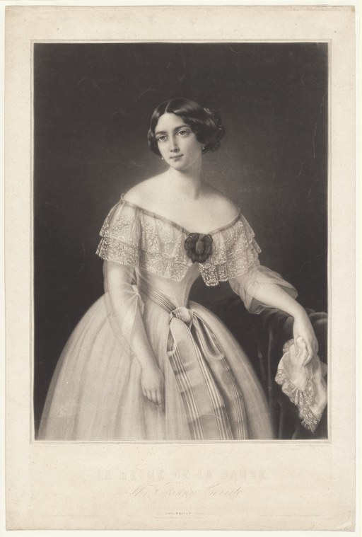 A woman in a white ball gown with lace trim stands in three-quarter view, one arm extended, in formal 19th-century evening dress.