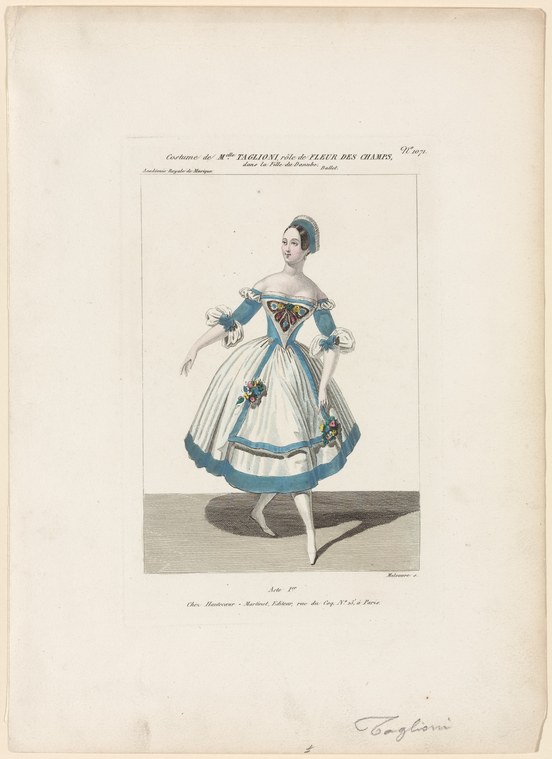 A female dancer in a blue and white Romantic ballet costume stands in profile, one arm extended, wearing a full tulle skirt.
