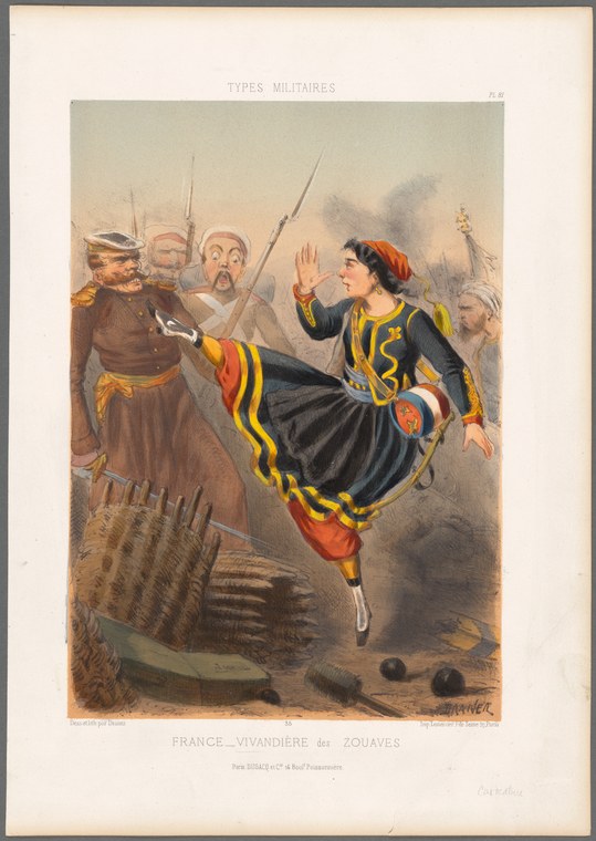 A hand-colored lithograph of a woman in military costume leaping high, kicking at two armed soldiers who recoil in comic alarm.