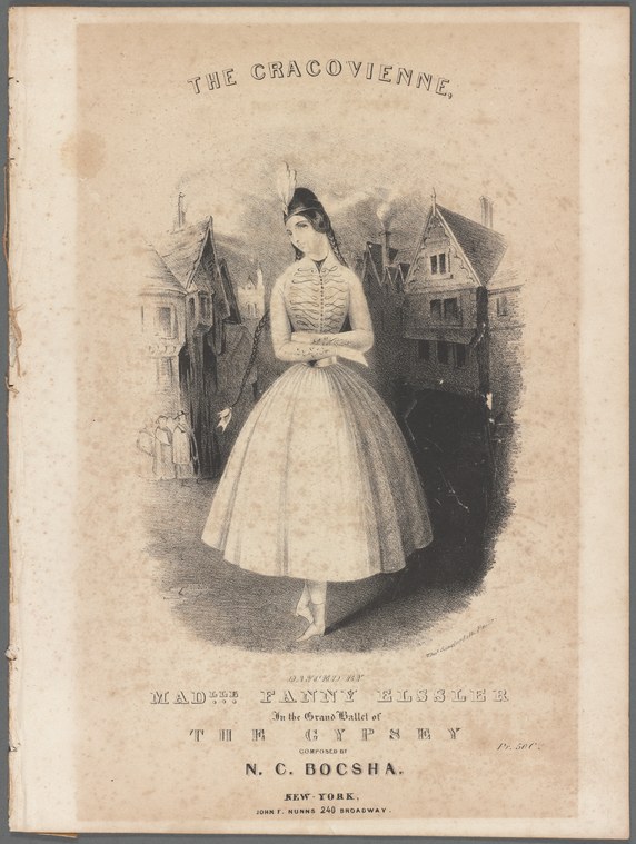Engraving of Fanny Elssler in full ballet dress standing in a village street, titled The Cracovienne.