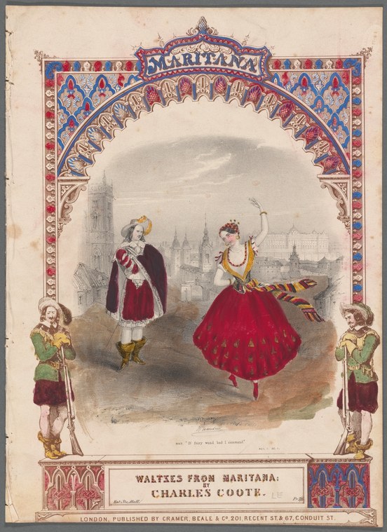 A woman in a red ball gown executes a dramatic waltz on a London rooftop with a military figure beside her, framed in ornamental Moorish borders.