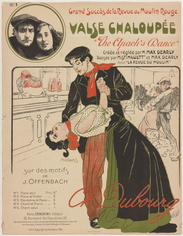 Belle Époque poster showing a man in dark coat lifting a woman in striped skirt backward in a dramatic theatrical lift, with cabaret scene in background.