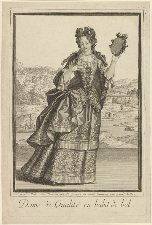 Engraved portrait of an elegantly dressed woman in late-baroque formal ball gown, holding a fan, posed in stillness against a landscape background.