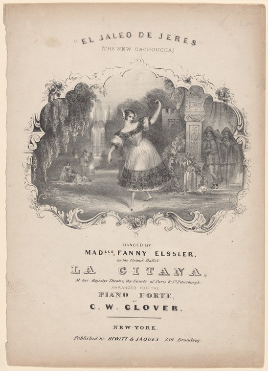 Engraved theatrical scene: woman in white dress mid-turn, arms raised, full skirt swirling, in a Spanish-style shadowed interior.