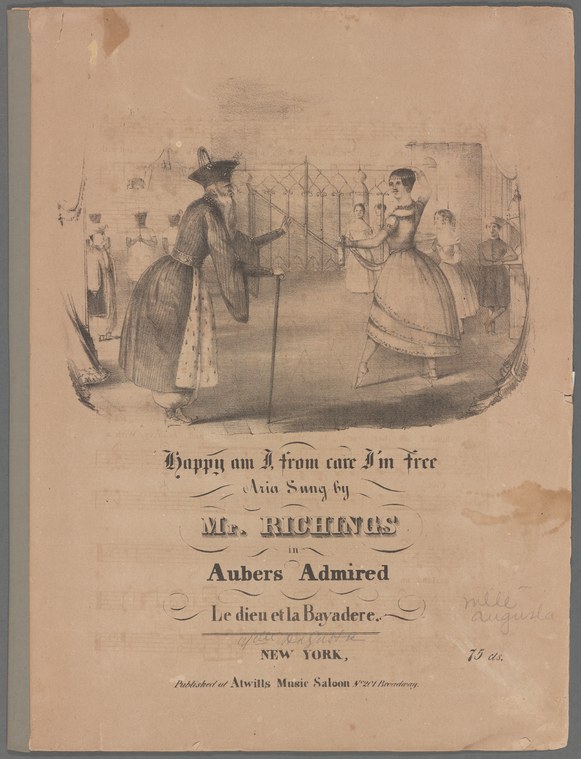 Sheet-music cover showing two formally posed figures in period dress facing each other across a railing in a theatrical setting.