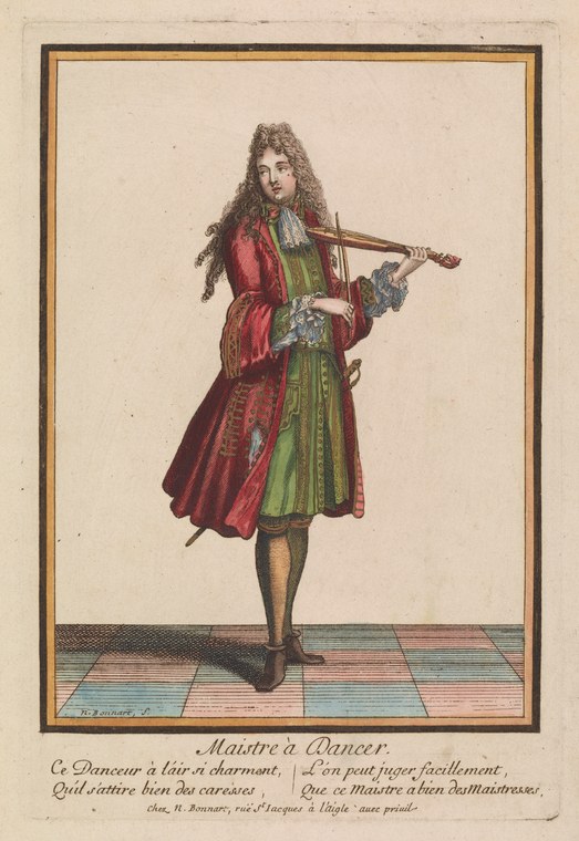 A man in 17th-century crimson coat and green dress holds a wooden pipe horizontally, posed in a refined stance with one leg extended.