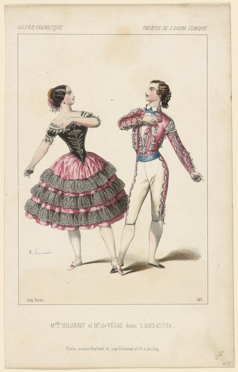 Two mid-19th-century dancers in ornate theatrical costume face each other in an attitude of courtship, separated by a small distance.