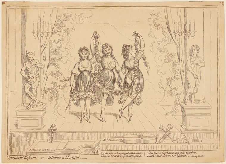 Three women in Regency gowns hold a garland between them in a classical columned interior, flanked by nude putti.