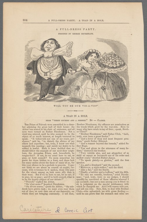 A Victorian engraving of a stiffly posed man and elaborately dressed woman about to dance, with the man looking bewildered.