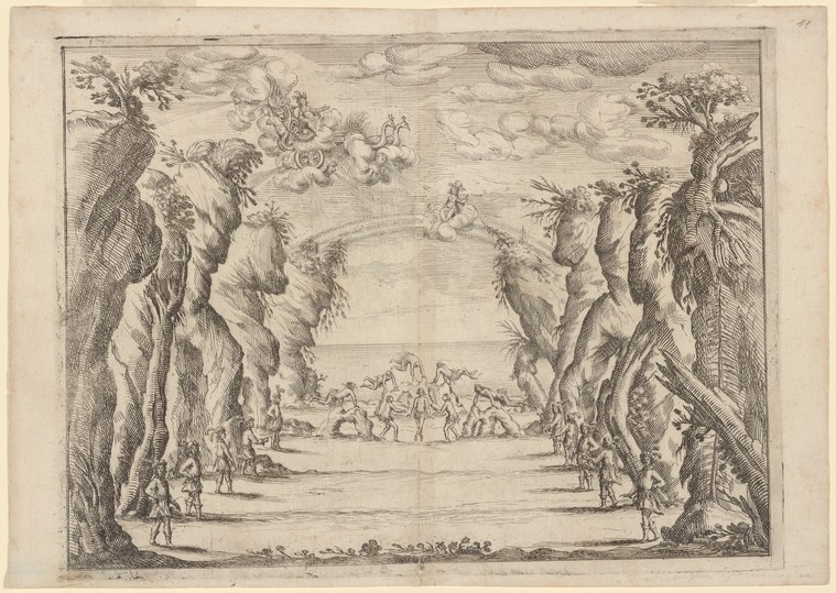 Engraving of classically dressed figures gathered in a rocky valley beneath a clouded sky with floating angels above.