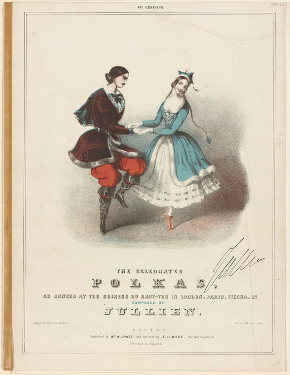 Hand-colored lithograph of two dancers in formal 19th-century dress: a kneeling man in military coat and red breeches, a standing woman in pale blue gown.